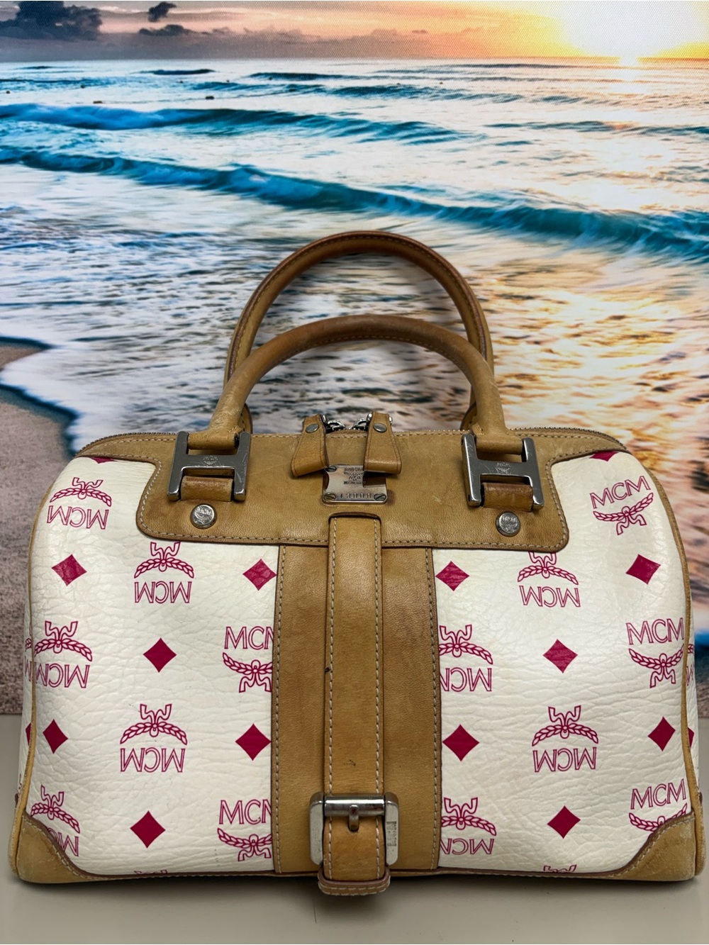 MCM Vintage White Pink Visetos Monogram Boston Bag Satchel w/unbranded dustbag